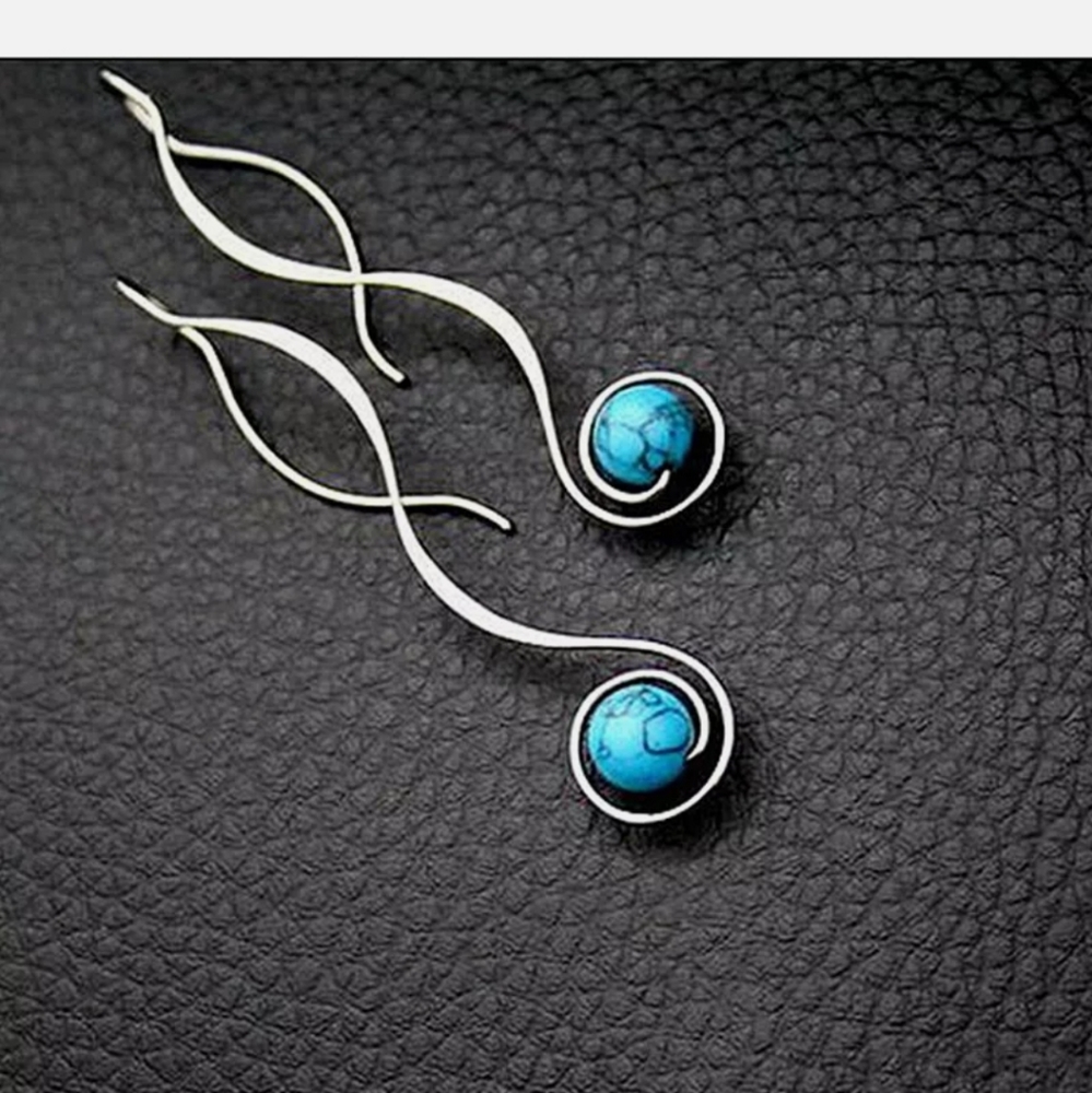 Silver Long Style Turquoise Round Cut Earrings - Picture 3 of 4